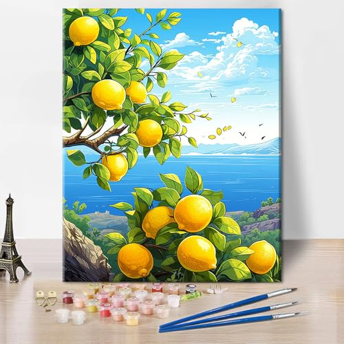Zitronenbaum Malen nach Zahlen für Erwachsene, Küstenlinie Landschaft einfach Erwachsene Malen nach Zahlen Kits auf Leinwand, DIY Öl Hand Malerei Kunsthandwerk für Home 40 x 50 cm(rahmenlose)