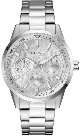 Guess Trey Herren Uhr 44 mm Edelstahl – Quarz Analog Armbanduhr Edelstahlarmband Silber, Business Uhr Herrenuhr Silber mit Datum Leuchtzeiger Leuchtindexe, 5 bar GW0963G1