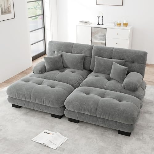 Dolamaní Sofa 2-4 Sitzer, Couch Sofa Chenille Stoff für Wohnzimmer,Wohnung,Büro,Einfache Montage (Grau, C-(2 Sitzer +2 Hocker))