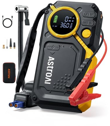 AstroAI MF12-V 8000A Auto Starthilfe Powerbank mit 150PSI Reifenfüller, Starthilfe Powerbank für PKW mit Luftkompressor, für alle Benziner/Diesel 12L, LED-Digitaldisplay, komplettes Zubehörset, Gelb