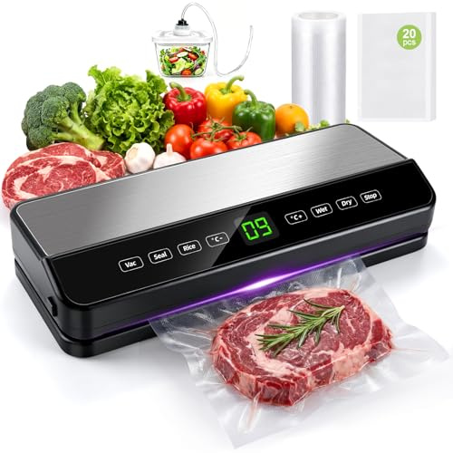 Vakuumiergerät für Lebensmittel Automatische | Trocken- / Feucht Vakuumierer, Vacuum Sealer Machine mit Eingebaute Cutter, 20 Vakuumierbeutel, 1 Rollbeutel & Vakuumschlauch