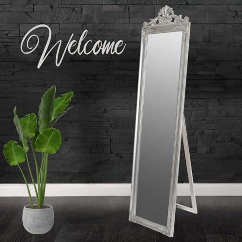 LEBENSwohnART Standspiegel XENAS 180x45cm Silber Ankleidespiegel Ganzkörperspiegel Spiegel Barock