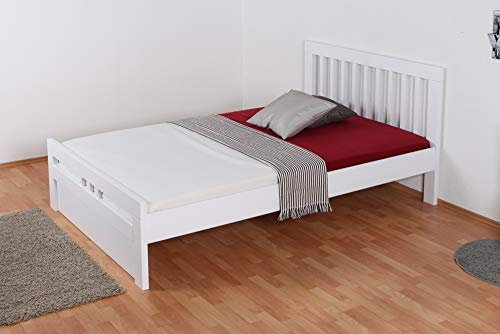 Easy Premium Line Doppelbett K8 in Überlänge 140 x 220 cm, Buche Vollholz massiv weiß lackiert, inkl.1 Abdeckblende