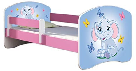 Kinderbett Jugendbett mit einer Schublade und Matratze Rausfallschutz Rosa 70 x 140 80 x 160 80 x 180 ACMA II (26 Elefant, 80 x 160 cm)