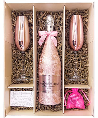 24kt Rosé Sparkling Wine 75cl Gift Set With 2 Matching Metallic Pink Champagne Flutes, Chocolates And Gift Box - Gifts For Wine Lovers, Birthday, Congratulations Hamper (Rose)
