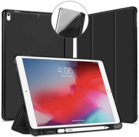 VAGHVEO Custodia per iPad Air 3 2019, iPad PRO 10,5 2017 Cover con Built-in Pencil Holder [Auto Sonno/Sveglia], Pelle PU Flessibile Protettiva Morbida TPU Traslucida Posteriore Smart Case, Nero