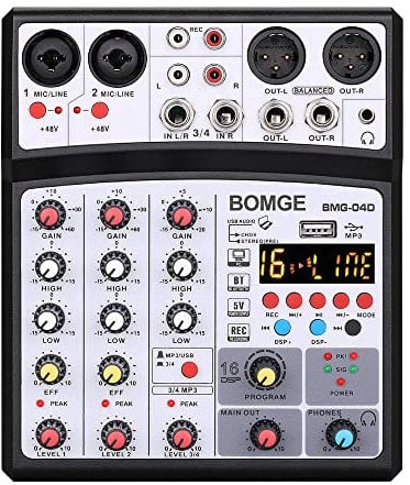 BOMGE DJ-Audio-Mischpult, 4-Kanal, 16 DSP Echo, Sound-Schnittstelle, Mischkonsole, Karaoke, mit MP3, USB, Bluetooth, Stereoaufnahme, 48 V Phantomspeisung - 04D-Schwarz