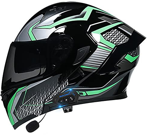 Bluetooth Intégré Casque Modulable Moto ECE Homologué avec Double Visière Anti-buée Casques Intégraux Racing Motocross Homme Femme 55~60cm