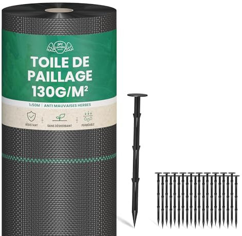 SKYLANTERN Toiles de Paillage 130g/m² avec Sardines en Plastique - Geotextile Anti Repousse 50Mx1M pour Jardin Potager - Bache Anti Mauvaise Herbe 130g pour Potager