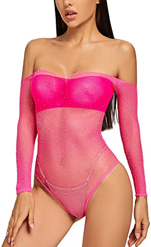 Adove Body sexy da donna con strass a rete con orsacchiotto, Rosa rosso, Etichettalia unica
