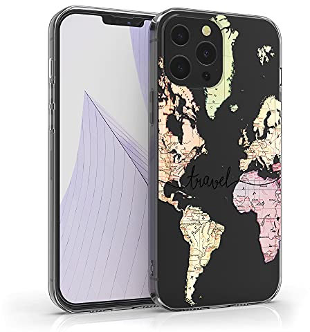 kwmobile Custodia Compatibile con Apple iPhone 13 Pro Max - Cover Silicone TPU - Protezione Back Case - Mappa del mondo nero/multicolore/trasparente