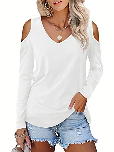 Beluring Womens Shirts Long Sleeved Tops Cold Shoulder V Neck T-Shirt White Size 18 20