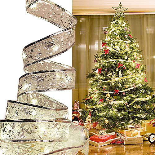 LICHENGTAI Weihnachtsband Lichter, Weihnachtsband Lichterkette mit 50 LED, 5M Weihnachts Lichterkette Glitzer Band Schleifen Lichter Für Party, Hochzeit, Urlaub, Innen Weihnachtsbaum Deko