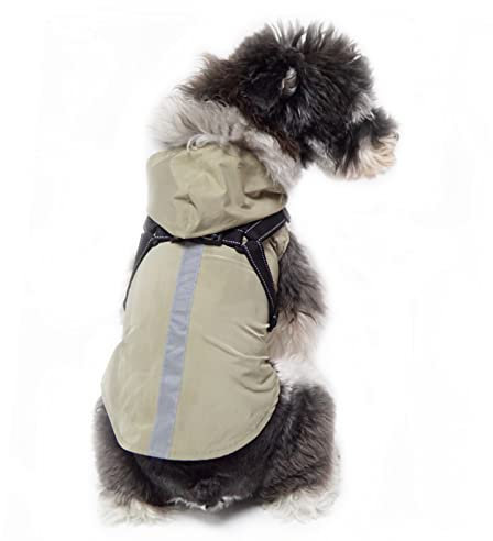 Hunde-Regenmantel mit Geschirr, Kapuze, Regenjacke, wasserdicht, Regenponcho, reflektierend, verstellbar, Mantel für Welpen, kleine, mittelgroße und große Hunde (Größe XL, Grau)