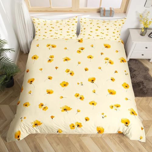 Homewish Yellow Floral Duvet Cover Flowers Bedding Set Luck Clover and Plaid Reversible Design Floral Kids Room Decor Bedclothes 1 Duvet Cover 2 Pillowcases (Super King,Cream Yellow)