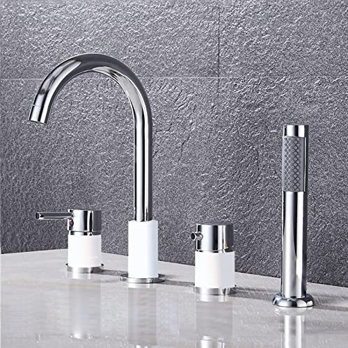 SXLSZ Wannenrandarmatur 4-Loch Badewannen-Armatur HEI?es und Kaltes Wasser Badezimmer Armatur Set mit Handbrause Bifunktional Wannenrand Badewanne Armatur Set,Chrom+Wei?