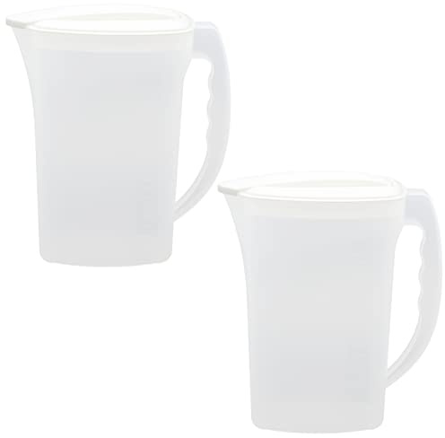 Engelland - 2 x Getränkekrug mit Deckel, Weiß-Transparent, für Saft, Wasser, Eistee, Softdrinks, Kanne, Behälter, Kühlschrankkrug, Multifunktionsbox, 2 Liter, Füllskala, BPA-frei, Kunststoff