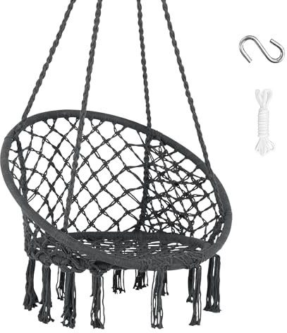 SUNCREAT Hängesessel mit Makramee-Schaukel zum Aufhängen mit Kissen und Hardware-Kits, max. 150 kg, handgefertigt, gestrickt, Netzseil, Schaukelstuhl für drinnen, draußen, Schlafzimmer, Garten, Grau