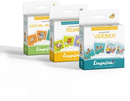 Lingufino Lernkarten Sprachförderung ab 3 Jahren – Bundle mit 90 Bildkarten: Einzahl-Mehrzahl, Reime & Verben – Logopädie Material für Kinder – inkl. Spielideen & Begleitheft zur Sprachentwicklung