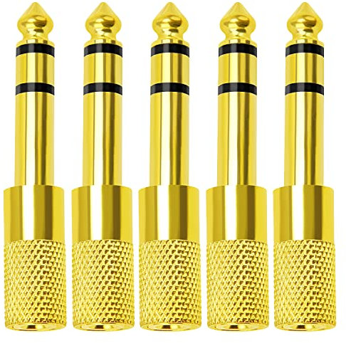 KUOQIY 5 Piezas Adaptador de Auriculare, Convertidor TRS de Audio Estéreo Jack 6.35mm Macho a 3.5mm Hembra, Audio Enchufe para Auriculares Micrófono, Chapado en Oro