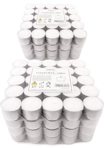 Pajoma Candele tealight non profumate, 2 x 100 pezzi, tempo di combustione: 8 ore, confezione grande per matrimonio gastro senza profumo di cera di paraffina