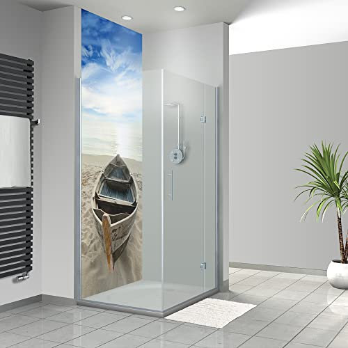 WANDFREUDE individuelle Duschrückwand Aluverbundplatte auf Maß (1 Stück - Boot auf Strand - Seidenmatt) – Dusche Wandverkleidung Duschwandverkleidung Duschrückwände