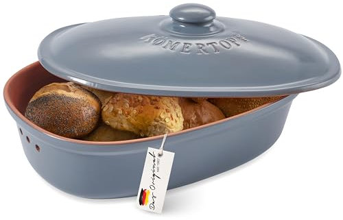 Römertopf Brottopf MAXI aus natürlicher Keramik, Brotbehälter für lebensmittelecht Brotaufbewahrung blau-grau, Terrakotta