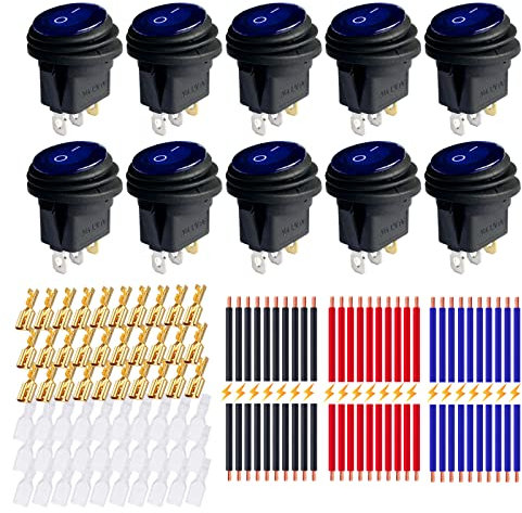 DC 12V 20A Impermeable Interruptores Basculantes Redondos, Ampper 3 Pin 20MM Iluminado Encendido Apagado Redondo SPST Interruptor de palanca con cables y terminales (Azul, paquete de 10)