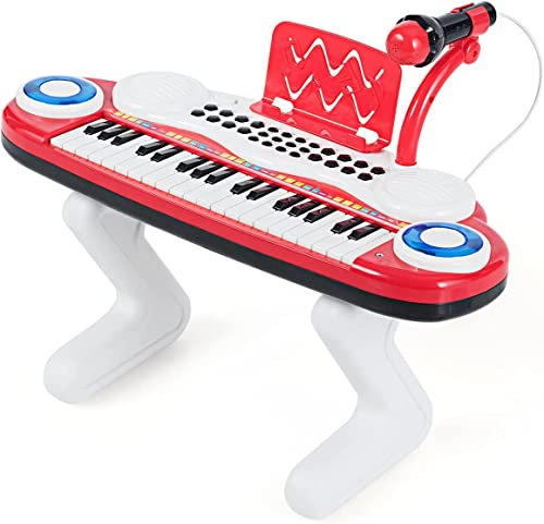 COSTWAY 37 Tasten Klaviertastatur mit Licht, Kinder Keyboard mit Ständer, Klavier Spielzeug elektronisch, Musikinstrument mit Aufnahme- und Abspiel-Funktion, inkl. Mikrofon (Rot)