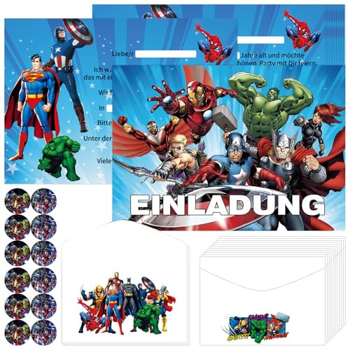 Zoriwn 12 x Superhelden Einladungskarten Kindergeburtstag Junge für Marvel Einladungskarten Geburtstag Deutsche Mit Cartoon-Bilder Partyeinladungen für Kindergeburtstage