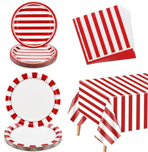 Accesorios de fiesta de circo para carnaval, decoraciones de fiesta de rayas rojas y blancas, 61 unidades, incluye platos de papel, servilletas, mantel de carnaval, para cumpleaños, baby shower,