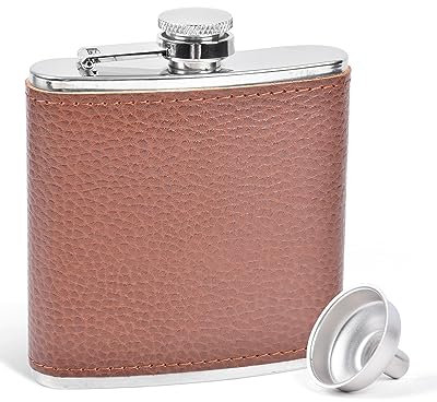 SPDYCESS Flasque à Alcool Hommes avec Entonnoir 6Oz, Cuir Motif Litchi Portable Acier Inoxydable Flasque, Whisky Flacon Cadeaux pour Escalade Randonnée Camping