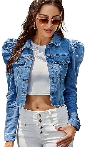 AIEOE Jean Jackets for Women Frayed Hem Distressed Jean Shacket Trucker Jacket Ladies Ripped Puff Sleeve Denim Jacket Button Down Utility Jackets M