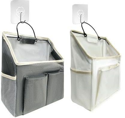 MEMOFYND 2 tasche da appendere con 2 ganci, borsa da bagno, organizer da parete, organizer da bagno, organizer da appendere per riporre abiti (crema, grigio)