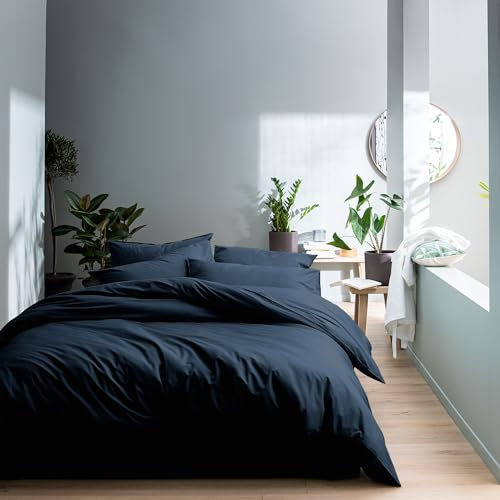 MATT & ROSE Parure de lit 240x220 cm cm Unie Coton LAVÉ | 100% Coton Lavé | Oeko-TEX | Housse de Couette 240x260 cm + 2 Taies d'oreiller 65x65 cm | Bleu Nuit