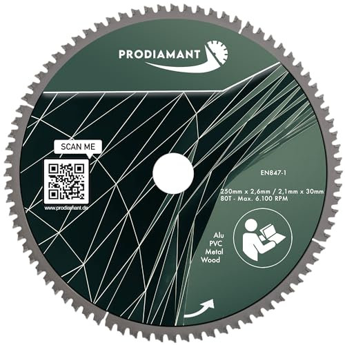 PRODIAMANT Multihoja de sierra de metal duro de 250 x 30 mm para madera, aluminio, plástico y laminado con dientes HM TCT para sierra de mesa, sierra tronzadora y sierra circular