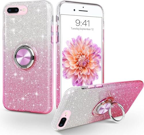 MOBISTAR® Bling Glitter Case for iPhone 7 Plus / 8 Plus 5.5'' - Sparkly Slim with 360° Ring Holder Kickstand Support Magnetic Car Mount Protective Cover (Pink)