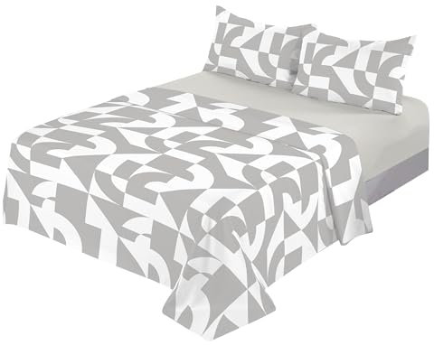 H HANSEL HOME Juego de Sábanas Cama 150, Juego Sábanas 150x190/200cm 4 Piezas, Microfibra Extra Suave, Sábanas Bajera Ajustable, Encimera, 2 Fundas de Almohada - Juego Sábanas Estampado Blanco y Gris
