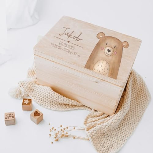 wunderwunsch® - Personalisierte Erinnerungsbox Baby mit Spezial-Druck - Baby Erinnerungsbox - Erinnerungskiste aus Holz - Geschenk zur Geburt (Bär, M-Klappdeckel)