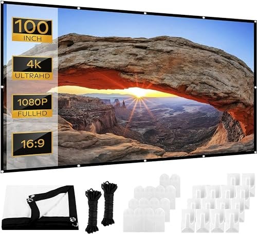 Projector Screen 100 inch, Outdoor Movie Screen with Carrying Bag Portable for Camping, 16:9 4K HD Foldable and Anti-Crease Projection Screen Support Double Sided Projection for Home Theater