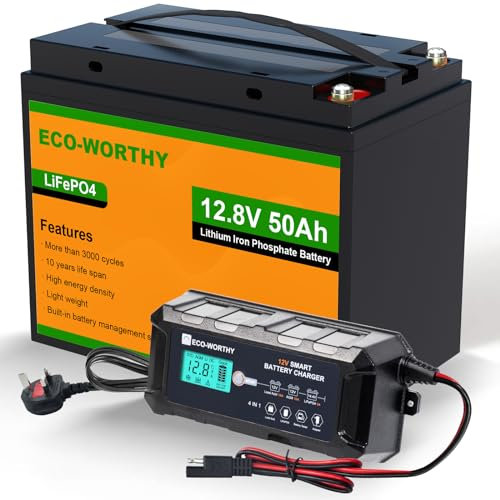 ECO-WORTHY 12V 50AH LiFePO4 Lithium Battery and 12V 10Amp Automatic Smart Battery Charger and Maintainer with BMS, 4000+ Deep Cycles, for Trolling Motor, Golf Cart, Power Wheelchair, Scooter