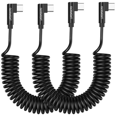 aceyoon Cavo Spirale USB C a USB C, 2 Pezzi Cavo USB C Retrattile 90 Gradi Supporta PD & QC3.0, Cavo USB C Spirale per iPhone 15 Series, per Galaxy S23/S22/S21, Può Essere Esteso da 0.3 m a 1.5 m