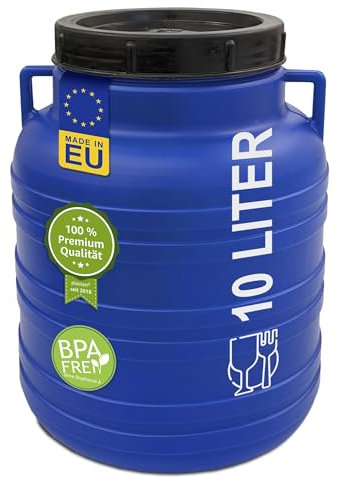 plasteo® Fût à col large de 10 litres avec couvercle - En plastique - Universel - Convient à un usage alimentaire - Fût à choucroute - Poignées stables - Bleu