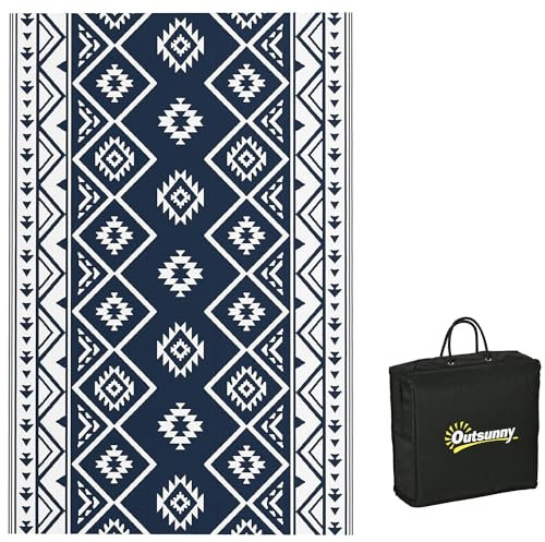 Outsunny Reversible Outdoor Rug with Carry Bag, Waterproof Plastic Straw Mat for Garden, Deck, RV, Picnic, Beach, Camping, 182 x 274cm, Dark Blue and White