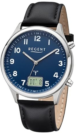 REGENT URFR282 Montre radio-pilotée analogique et numérique pour homme Bracelet en cuir noir, Argenté/bleu.