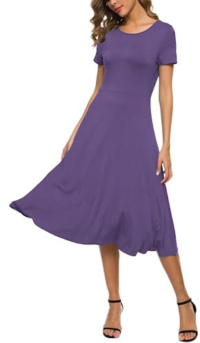Mujeres Casual Sólida Cuello Redondo Midi Vestido Elástico Manga Corta Verano Vestido Largo(S, Lila)
