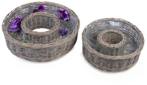Weide Pflanz-Ringe in grau als wetterfeste Pflanzschalen in Profi-Qualität - 2 runde Pflanzkästen in 30, 38 cm als Blumen-Korb Pflanzkübel für außen - Große Pflanz-Körbe als Blumen-Schale Grab-Schmuck