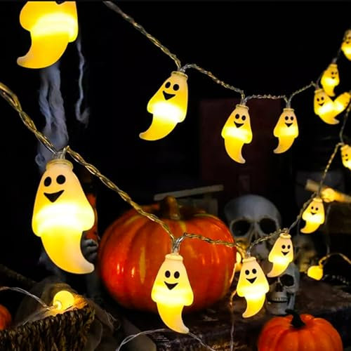 XVZ Halloween Lichterkette, 3m 20LED Halloween Gespenst Lichterkette mit Timer, Halloween Deko & Herbst Deko Batteriebetrieben Lichterkette für Erntedankfest, Halloween - Weißes Gespenst