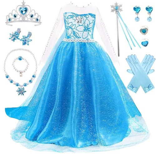 XFOZDM Elsa Kleid MäDchen Elsa MäDchen Prinzessin KostüM Mit Krone Diadem Handschuhe Zauberstab Usw FüR Halloween Karneval Cosplay Weihnachten Fasching Geburtstage Party,02 blue 100