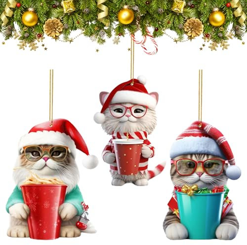 Larfraecy Ciondolo decorazione albero di Natale gatto3PCS Albero di Natale appeso Ornamento,Divertente gatto carino decorazione di Natale per la decorazione delle feste(Gatto)